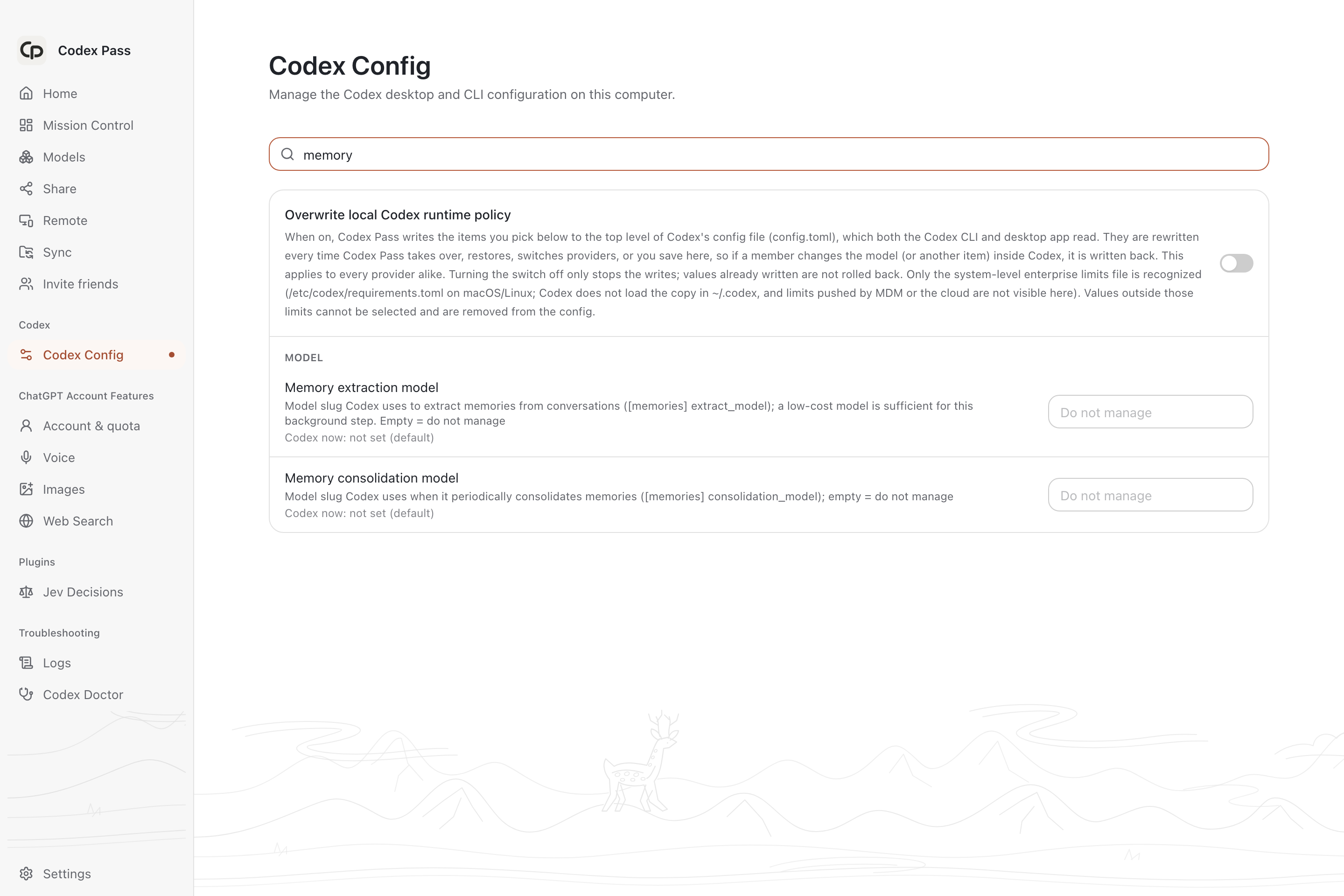 Codex Config filtered to memory settings, showing separate extraction and consolidation model fields.