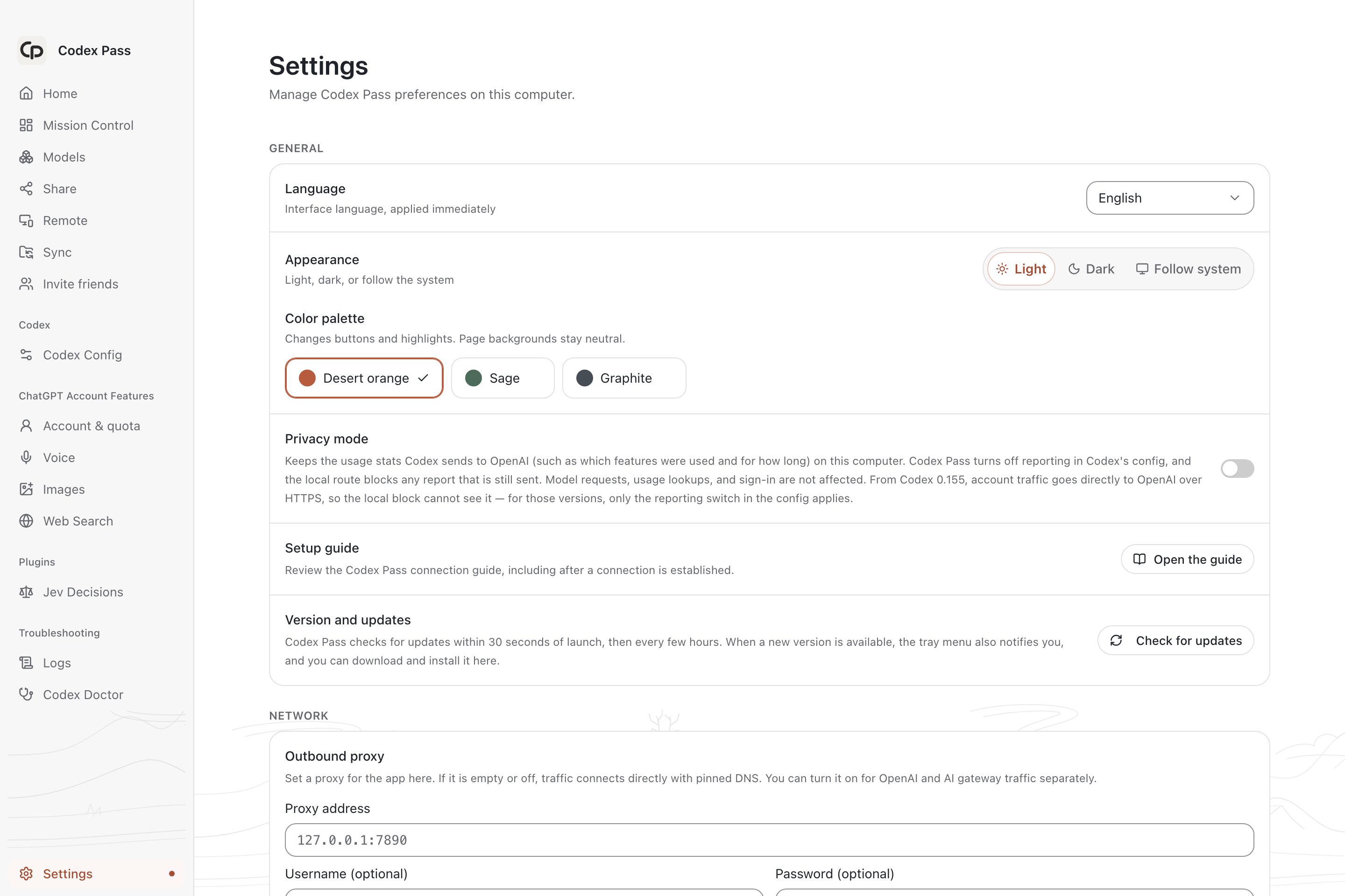 Codex Pass Settings page, with its navigation sidebar and language, appearance, palette and privacy controls.