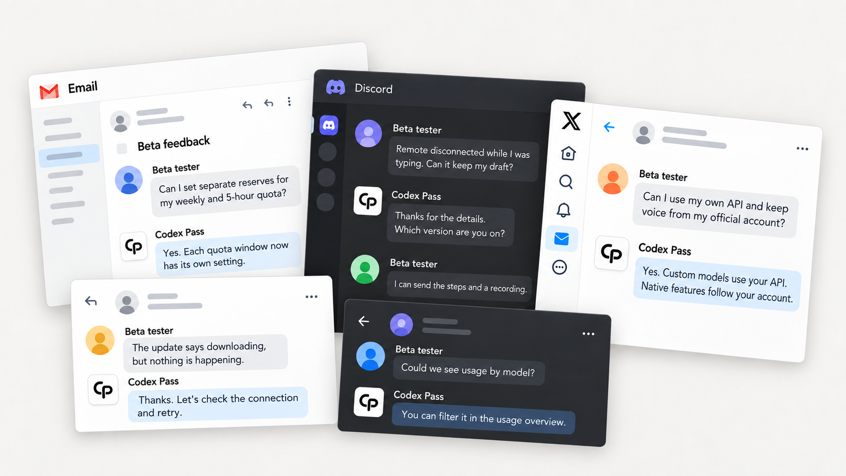 Overlapping email, Discord, and X conversations, with the Codex Pass logo identifying the team
