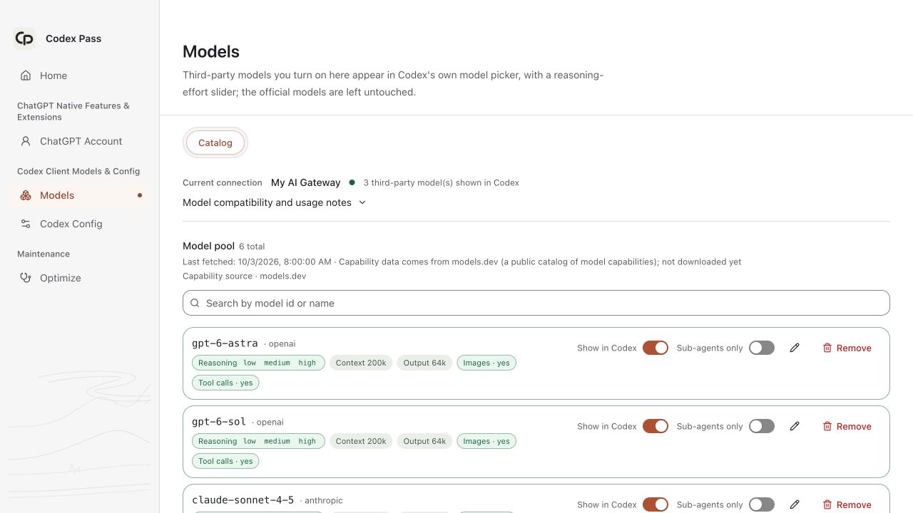 The Codex Pass model catalog, with capability details and controls for which models appear in Codex